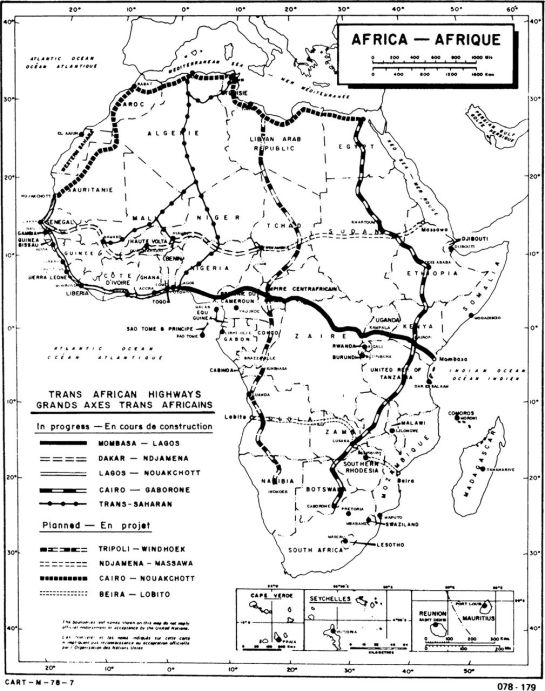 Map of the Trans-African Highway project, late 1970s (Rolf Hofmeier, “Die Transafrikastraßen: Stand der Planung und Realisierung,” Africa Spectrum 14, no. 1 [1979], 35).