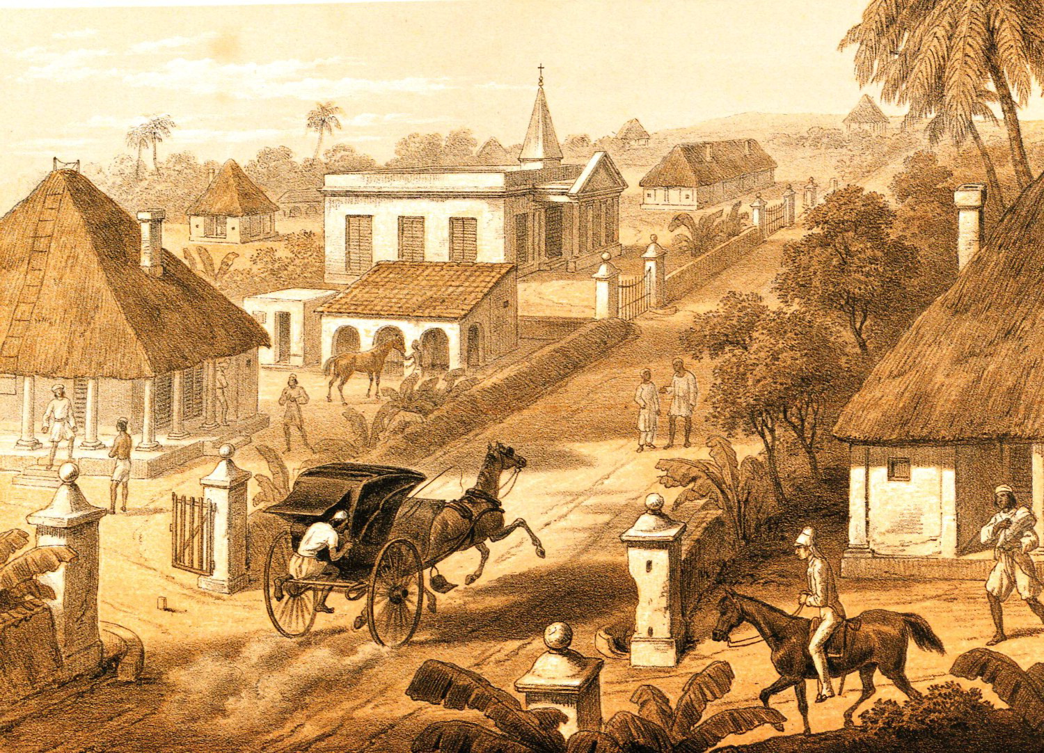A provincial administrative town in colonial Bengal. George Francklin Atkinson, Our Station, Plate 1, lithograph, from Atkinson, Curry and Rice (On Forty Plates) Or the Ingredients of Social Life at Our Station in India (London: Day &amp; Son, 1859), © British Library Board, 1264.e.16